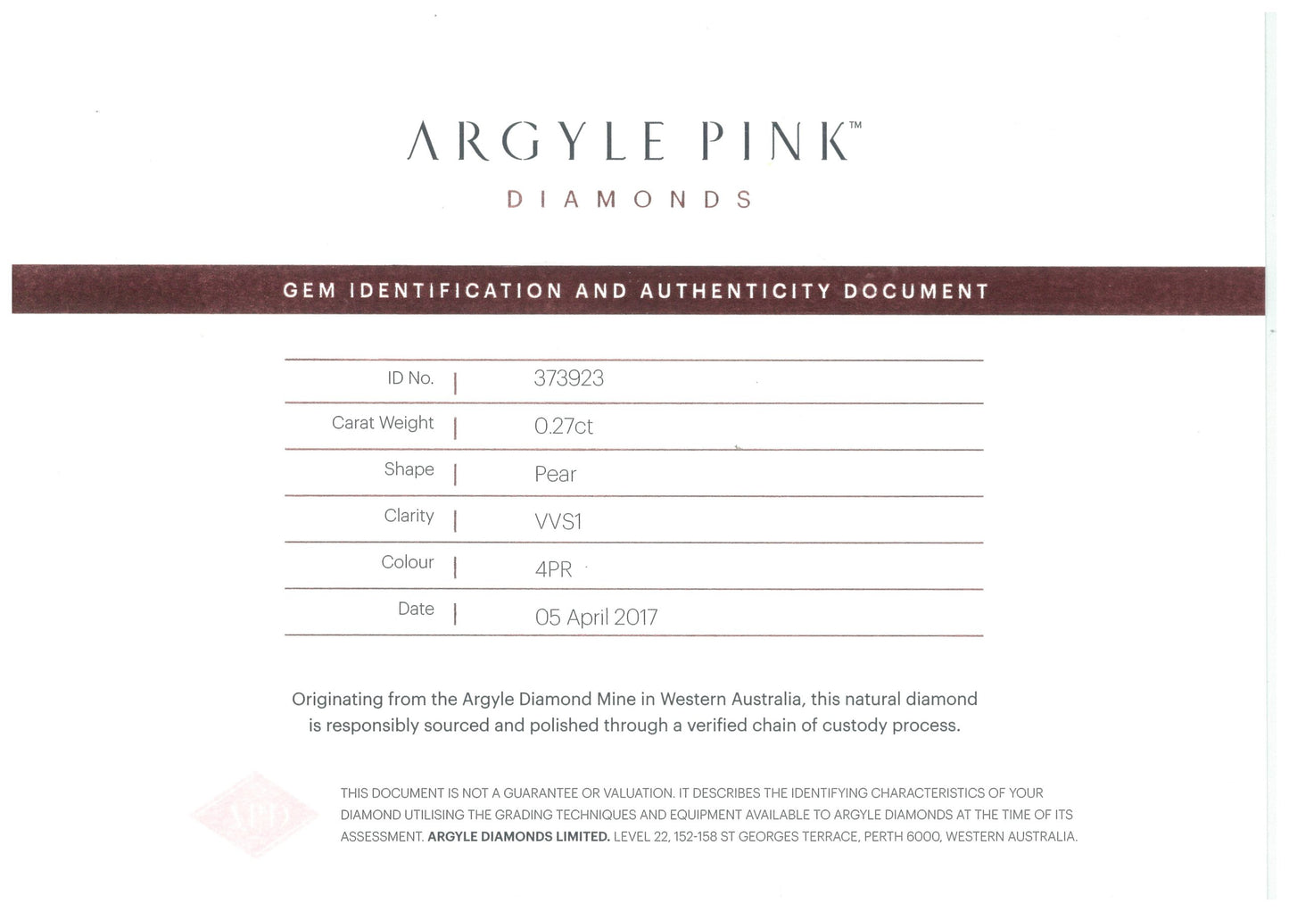 0.27ct Pink Rosé Diamond, Pear Shape, VVS1 Clarity