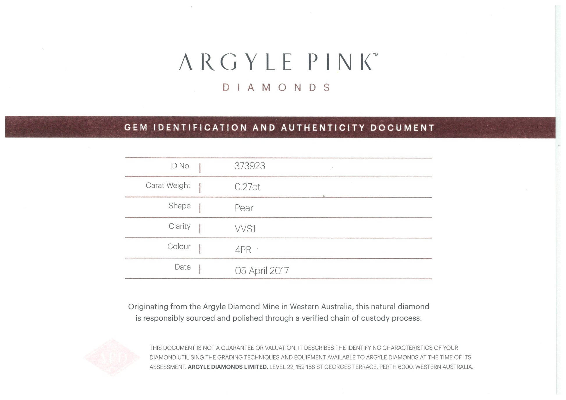 0.27ct Pink Rosé Diamond, Pear Shape, VVS1 Clarity