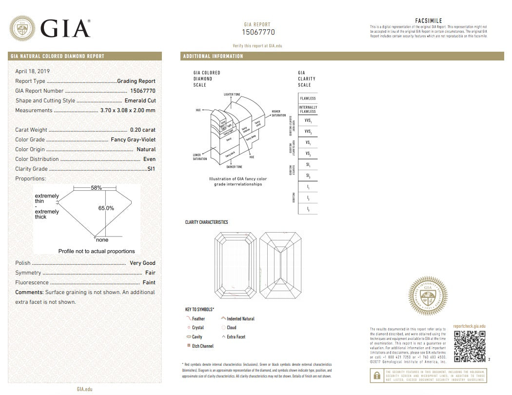 0.2ct Grey Violet Diamond, Emerald Shape, SI1 Clarity