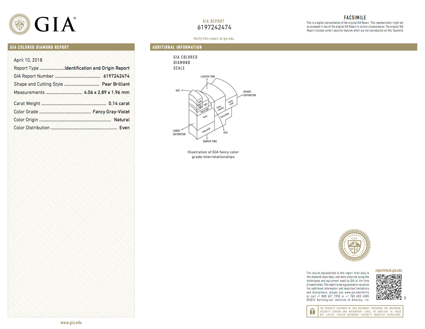 0.14ct Fancy Gray-Violet Diamond, Pear Shape, C/O Report, GIA