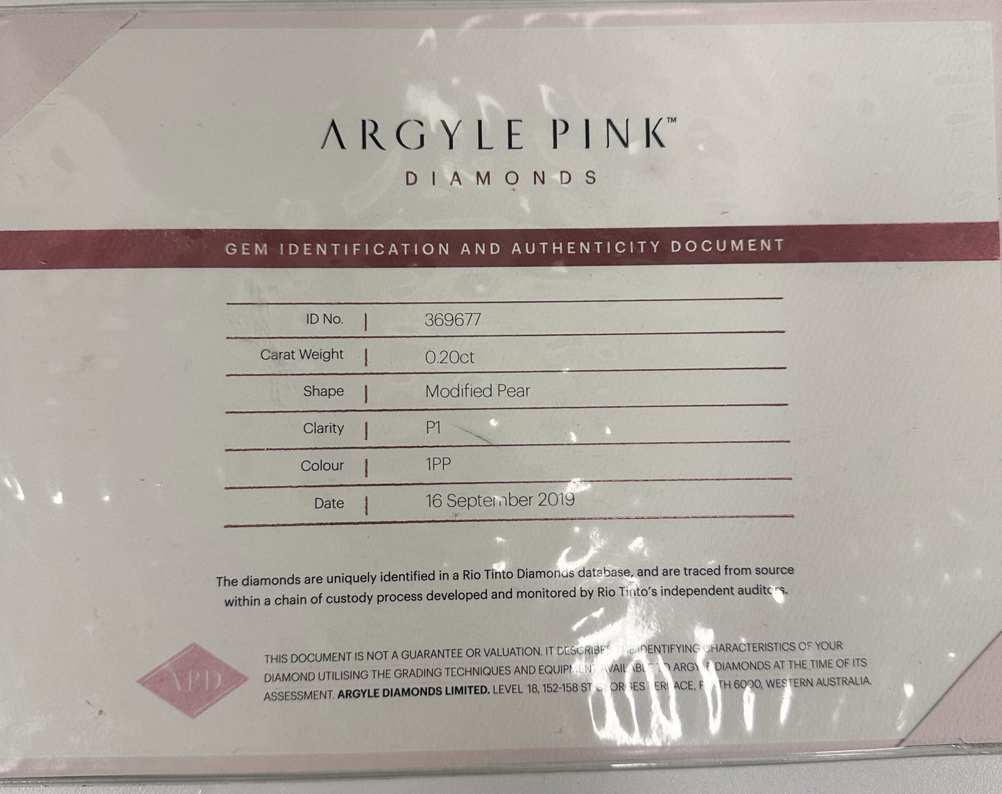 0.2ct Pink Diamond, Pear Shape, P1, Argyle