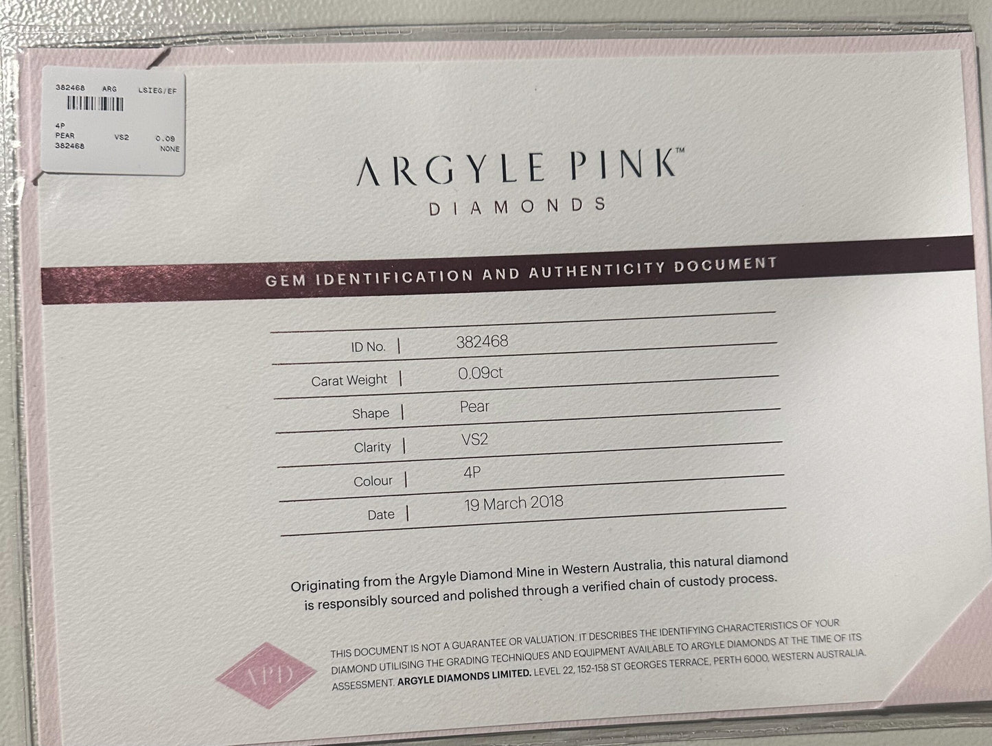 0.09ct Pink Diamond, Pear Shape, VS2 Clarity