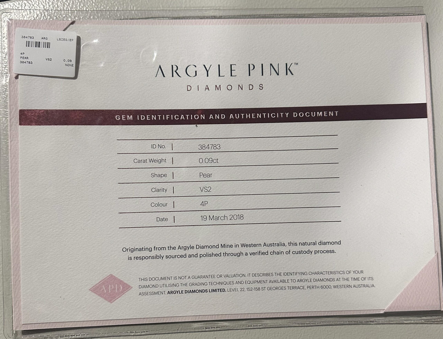 0.09ct Pink Diamond, Pear Shape, VS2 Clarity