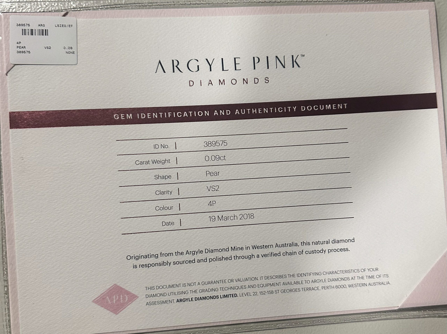0.09ct Pink Diamond, Pear Shape, VS2 Clarity