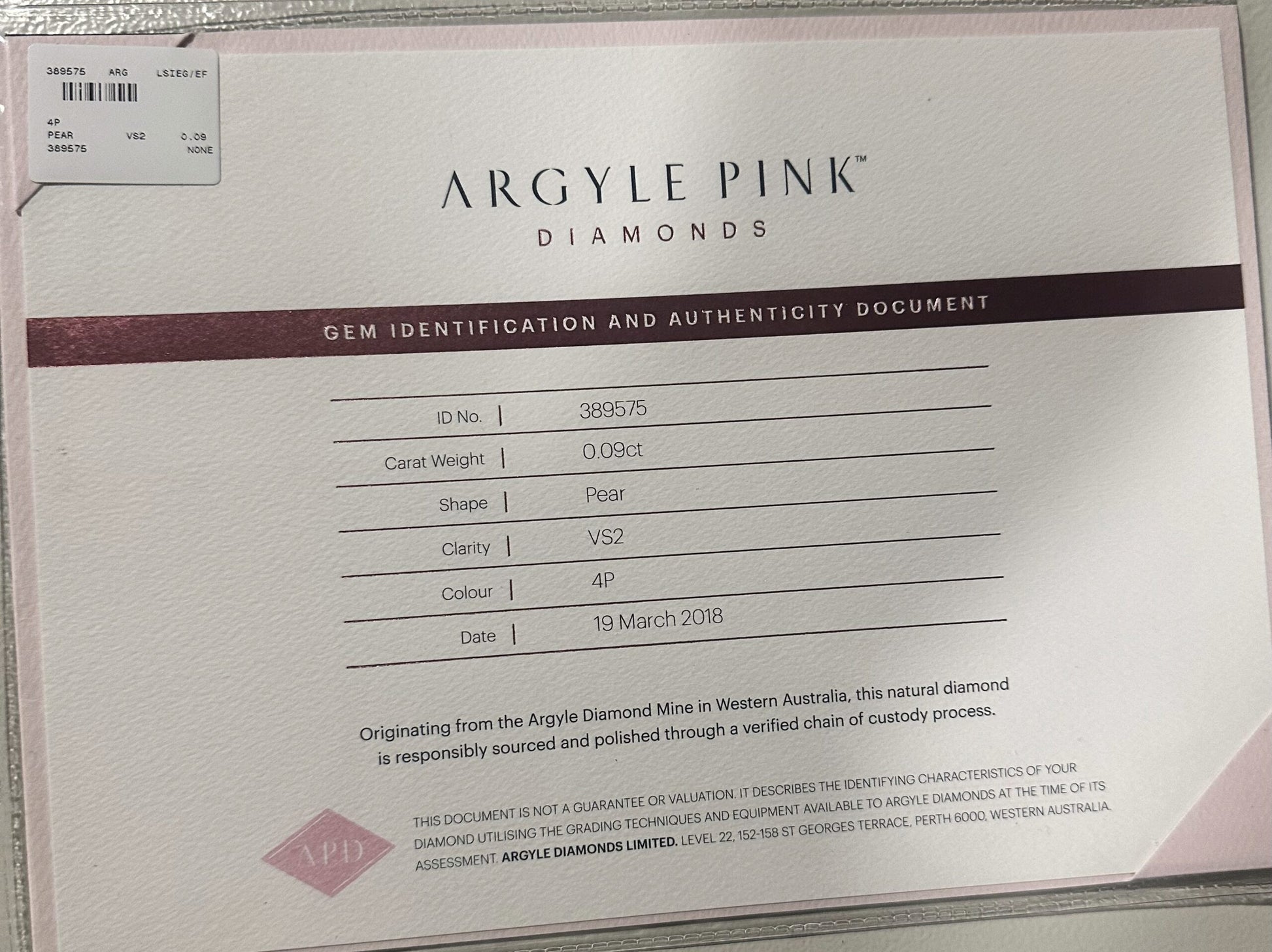 0.09ct Pink Diamond, Pear Shape, VS2 Clarity