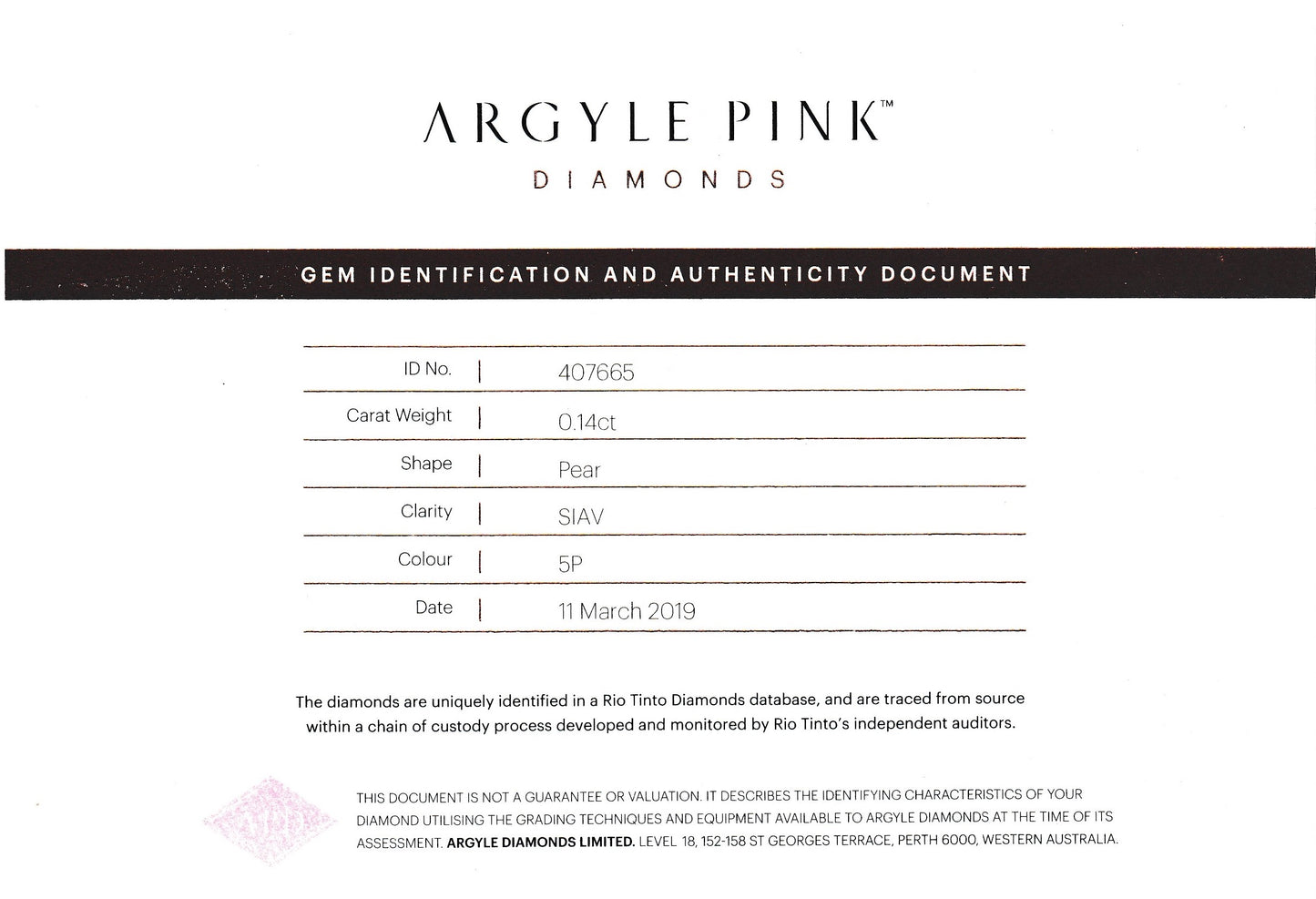 0.14ct Pink Diamond, Pear Shape, SIAV, Argyle