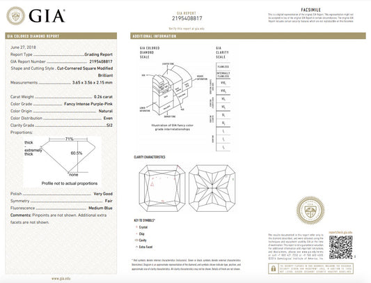 0.26ct Purplish Pink Diamond, Radiant Shape, SI2 Clarity