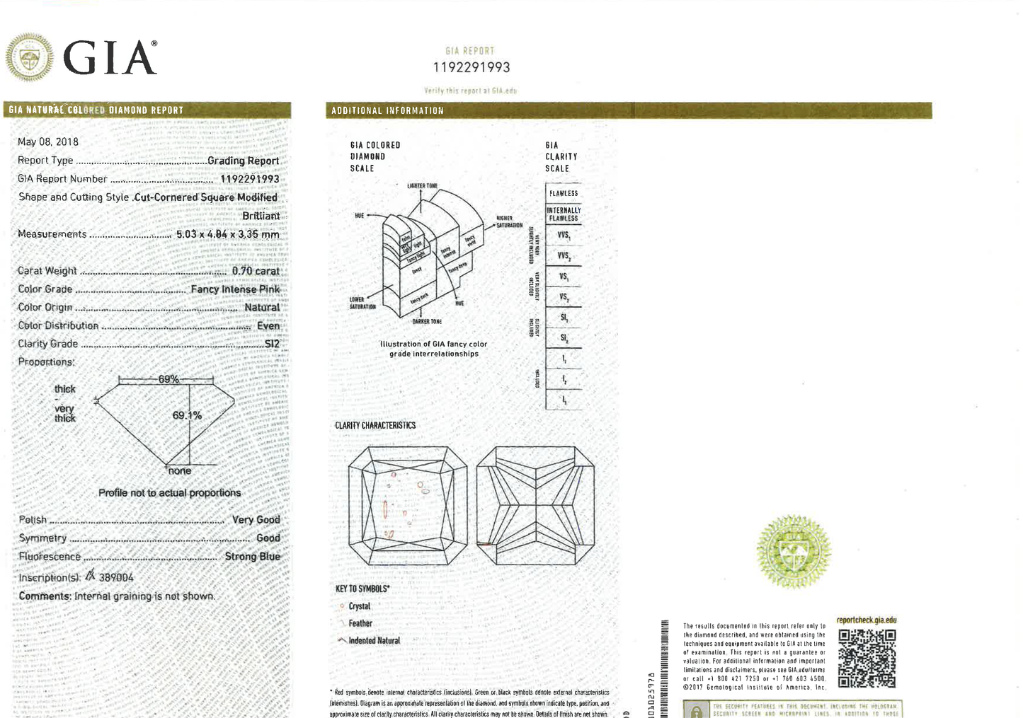 0.7ct Pink Diamond, Radiant Shape, SI2 Clarity