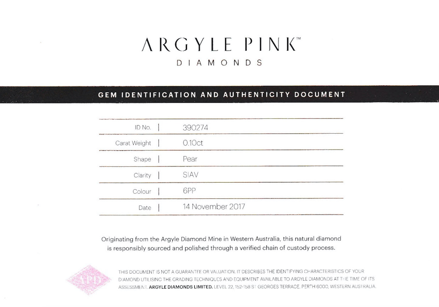 Pair of 0.20ctw Argyle 6PP Diamonds, Pear Shape, SIAV