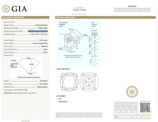 0.27ct Fancy Intense Pink Diamond, Cushion Shape, VVS2, GIA