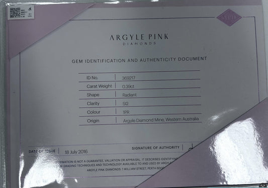 0.36ct Pink Rosé Diamond, Radiant Shape, SI1, Argyle & GIA