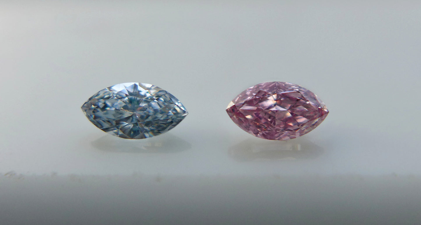 Exquisite Marquise Diamond Pair – Fancy Blue (0.13ct) & Fancy Intense Purplish Pink (0.15ct)