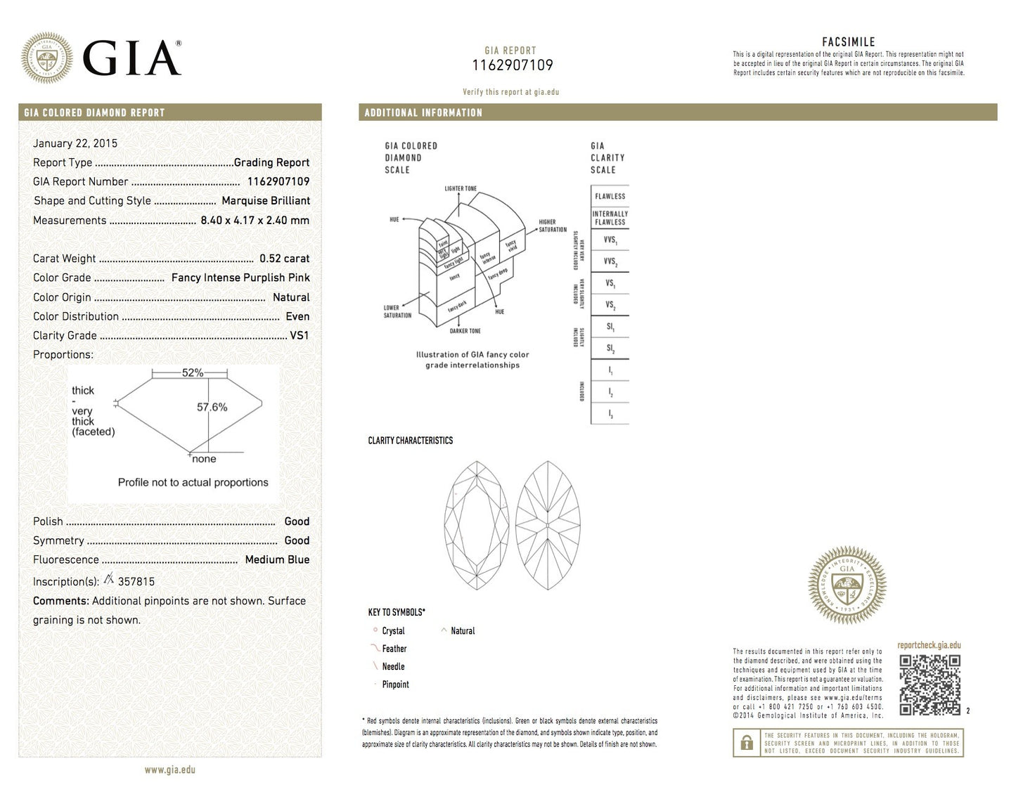 0.52ct Purplish Pink Diamond, Marquise Shape, VS1 Clarity