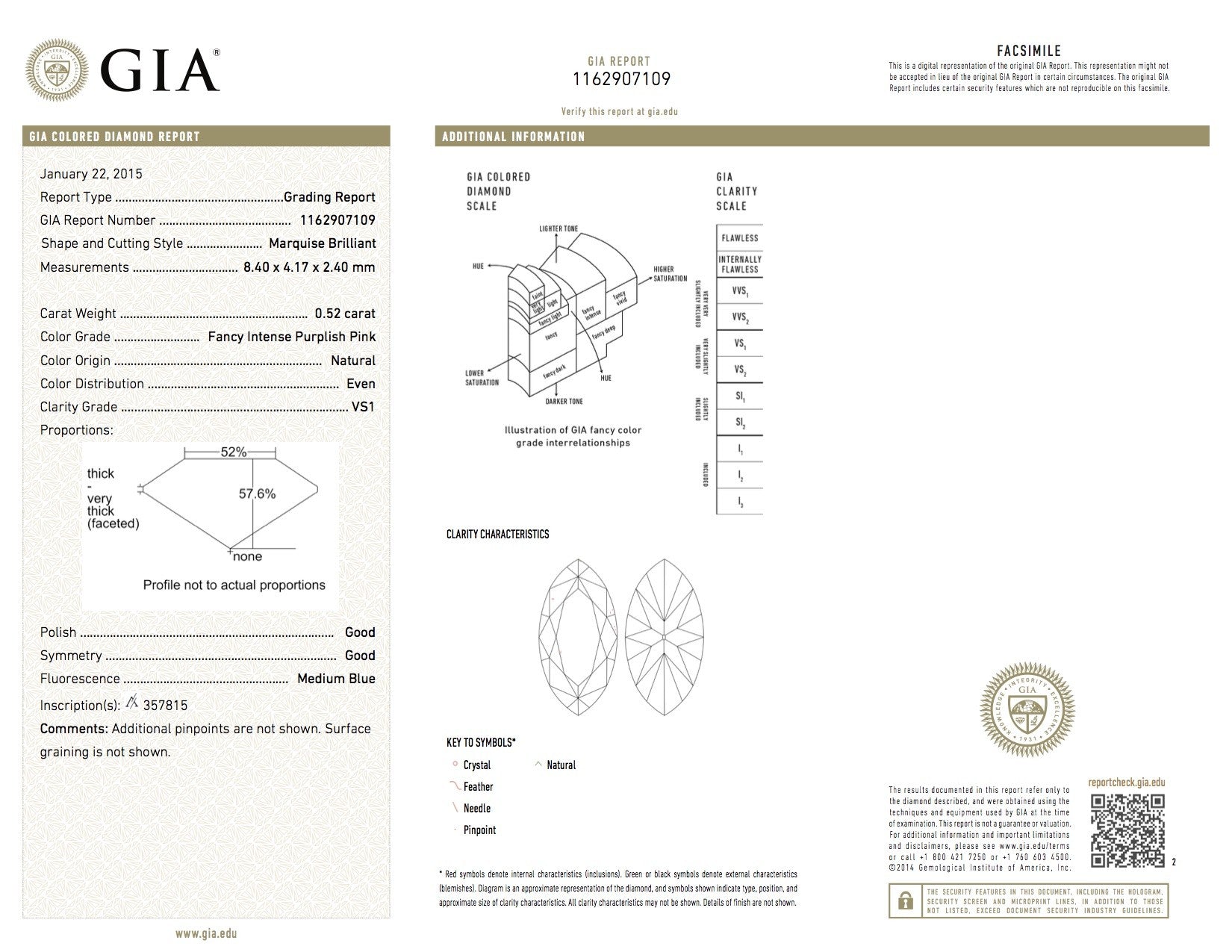 0.52ct Purplish Pink Diamond, Marquise Shape, VS1 Clarity