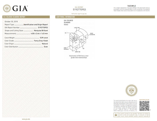 0.09ct Grey Violet Diamond, Marquise Shape, C/O Report Clarity