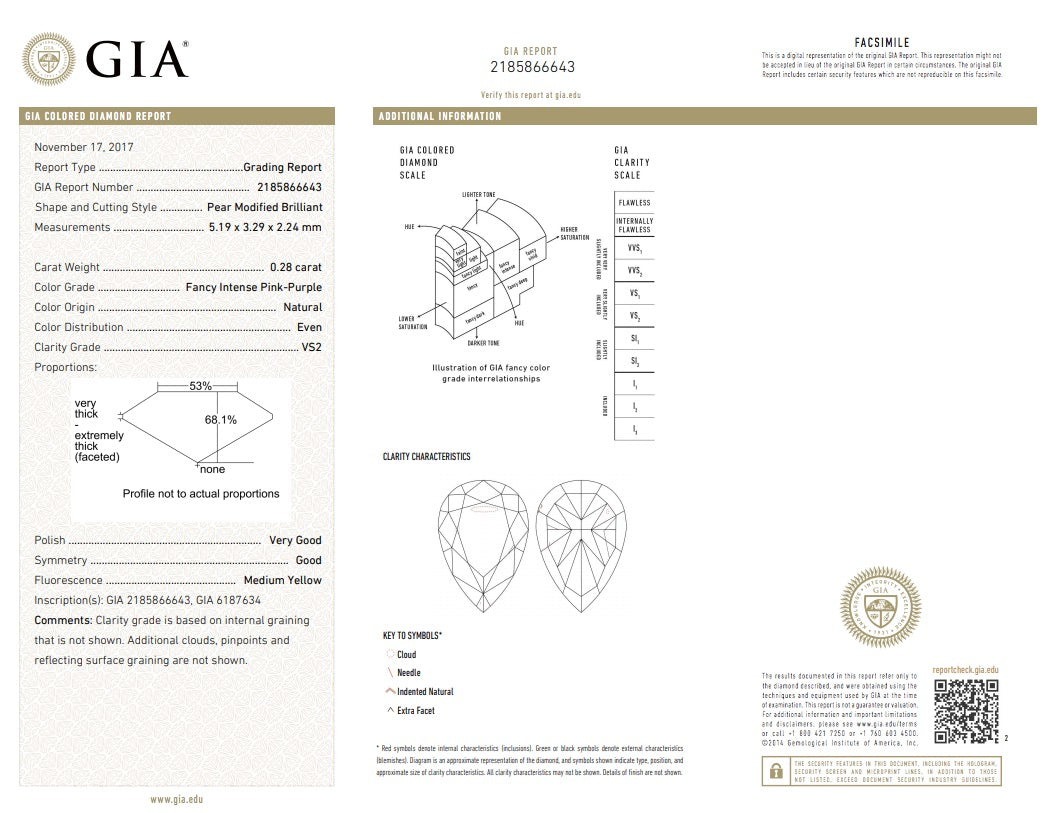 0.28ct Purplish Pink Diamond, Pear Shape, VS2 Clarity
