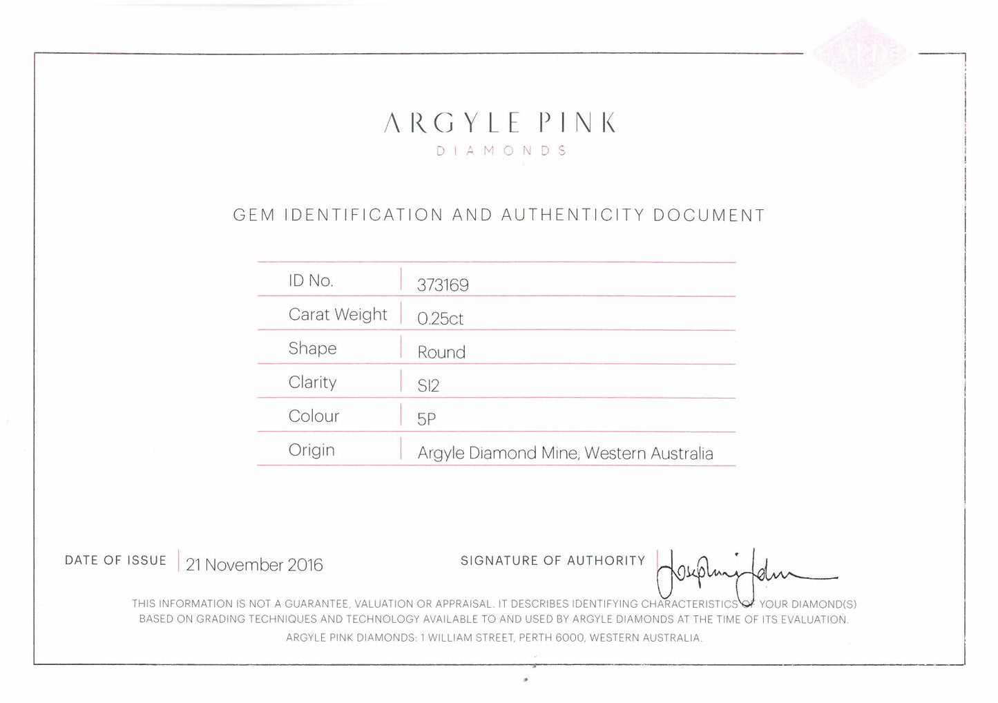 0.25ct Pink Diamond, Round Shape, SI2, Argyle