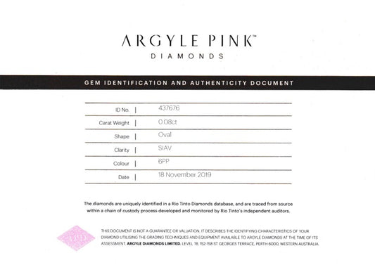 0.08ct Purplish Pink Diamond, Oval Shape, SIAV, Argyle