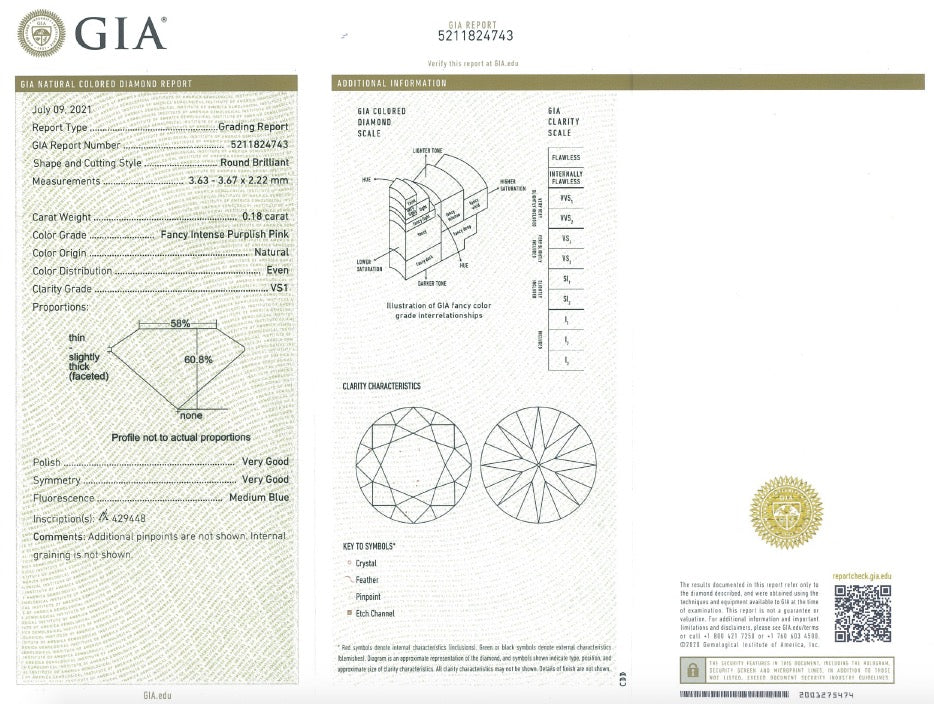 0.18ct Purplish Pink Diamond, Round Shape, VS1 Clarity