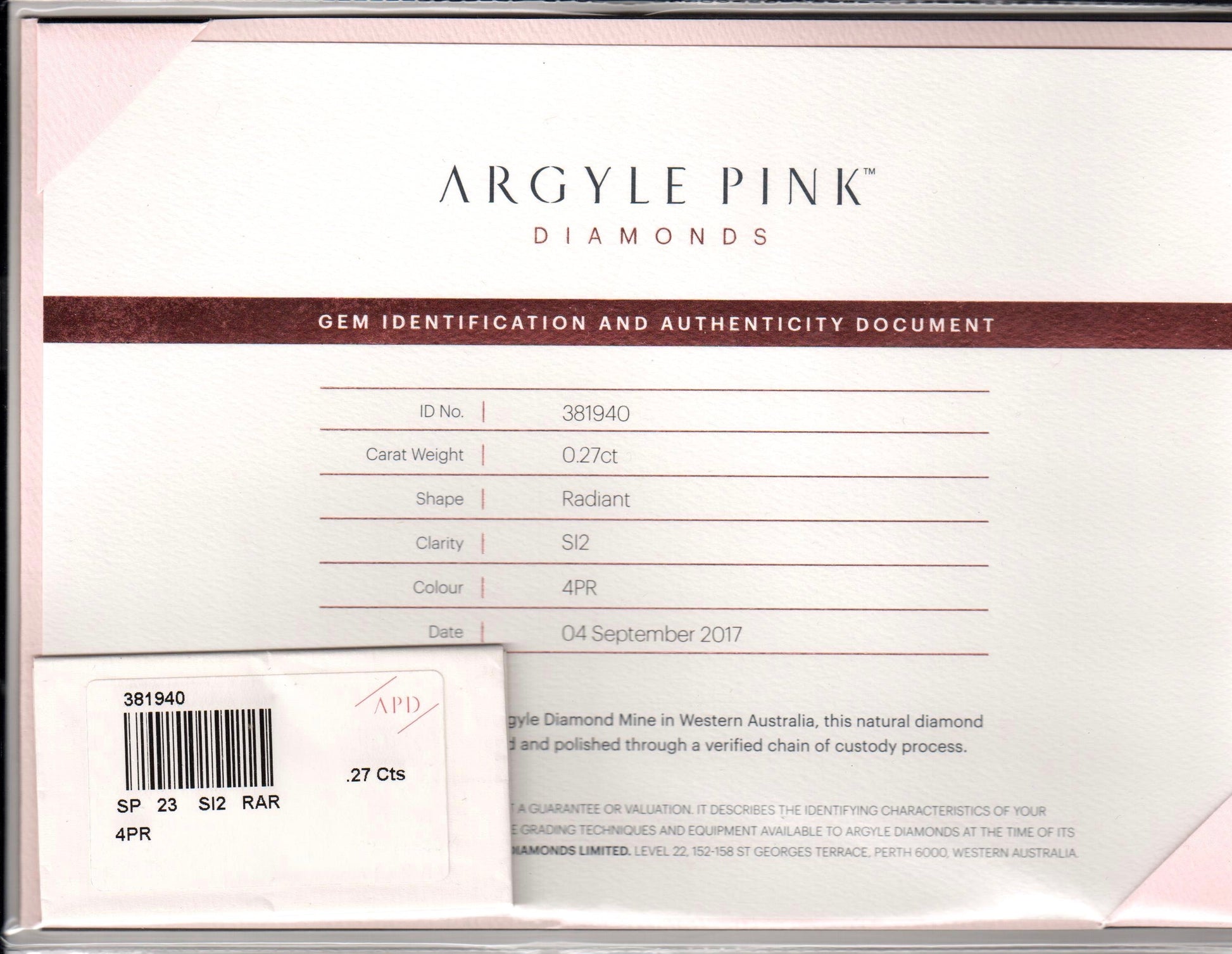 0.27ct Pink Diamond, Radiant Shape, SI1 Clarity