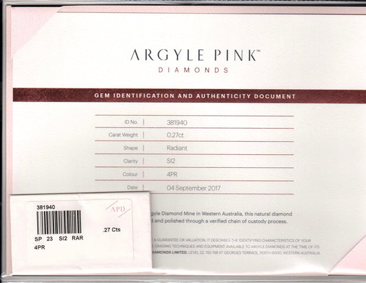 0.27ct Pink Diamond, Radiant Shape, SI1 Clarity