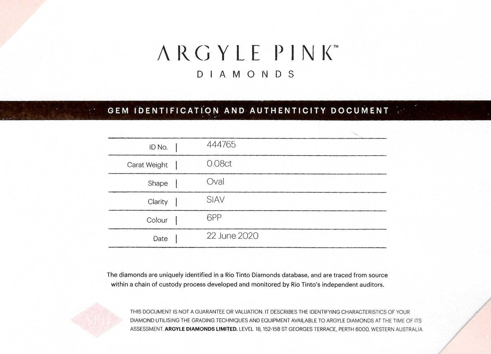 0.08ct Purplish Pink Diamond, Oval Shape, SIAV, Argyle