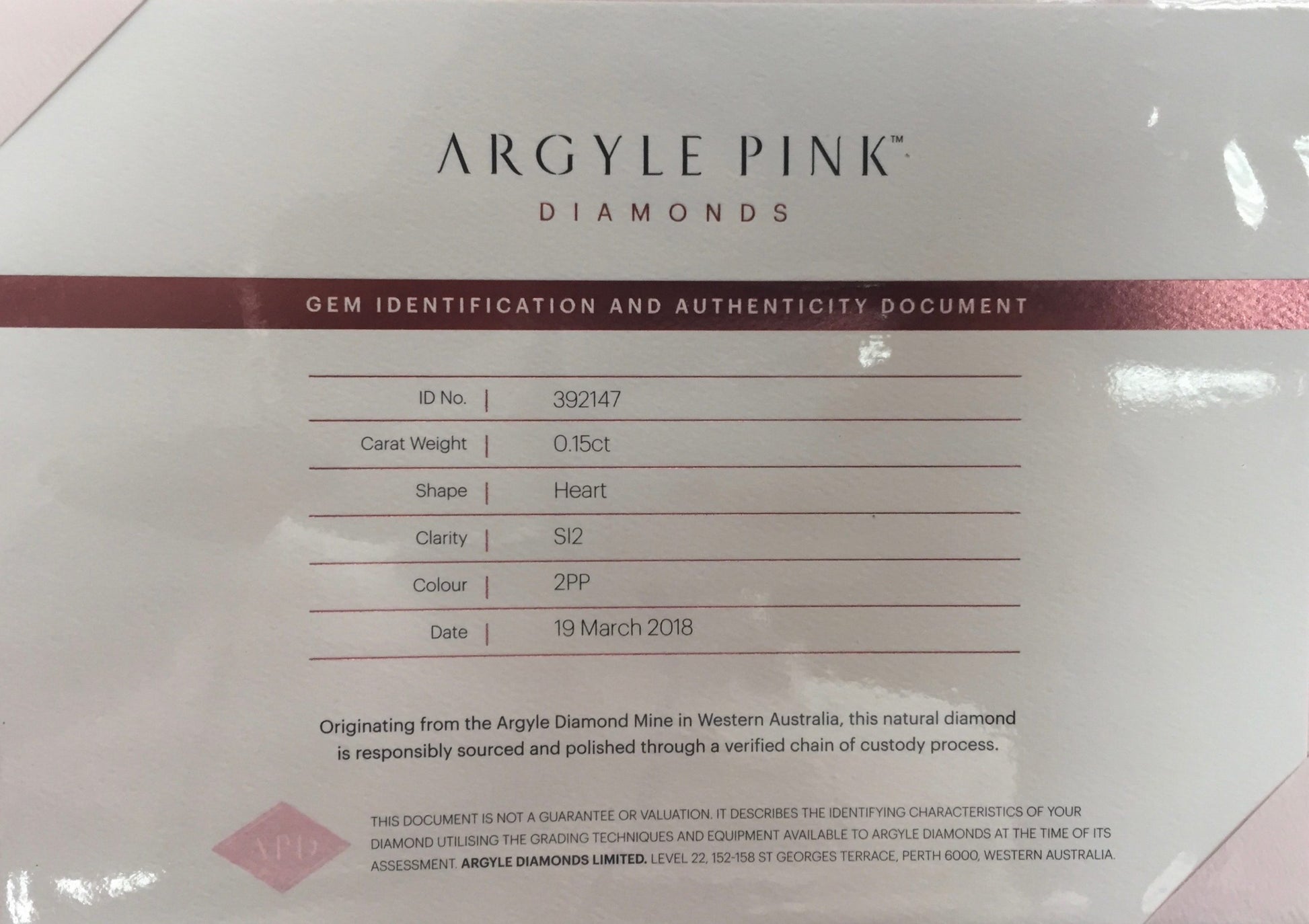 0.15ct Purplish Pink Diamond, Heart Shape, SI2 Clarity