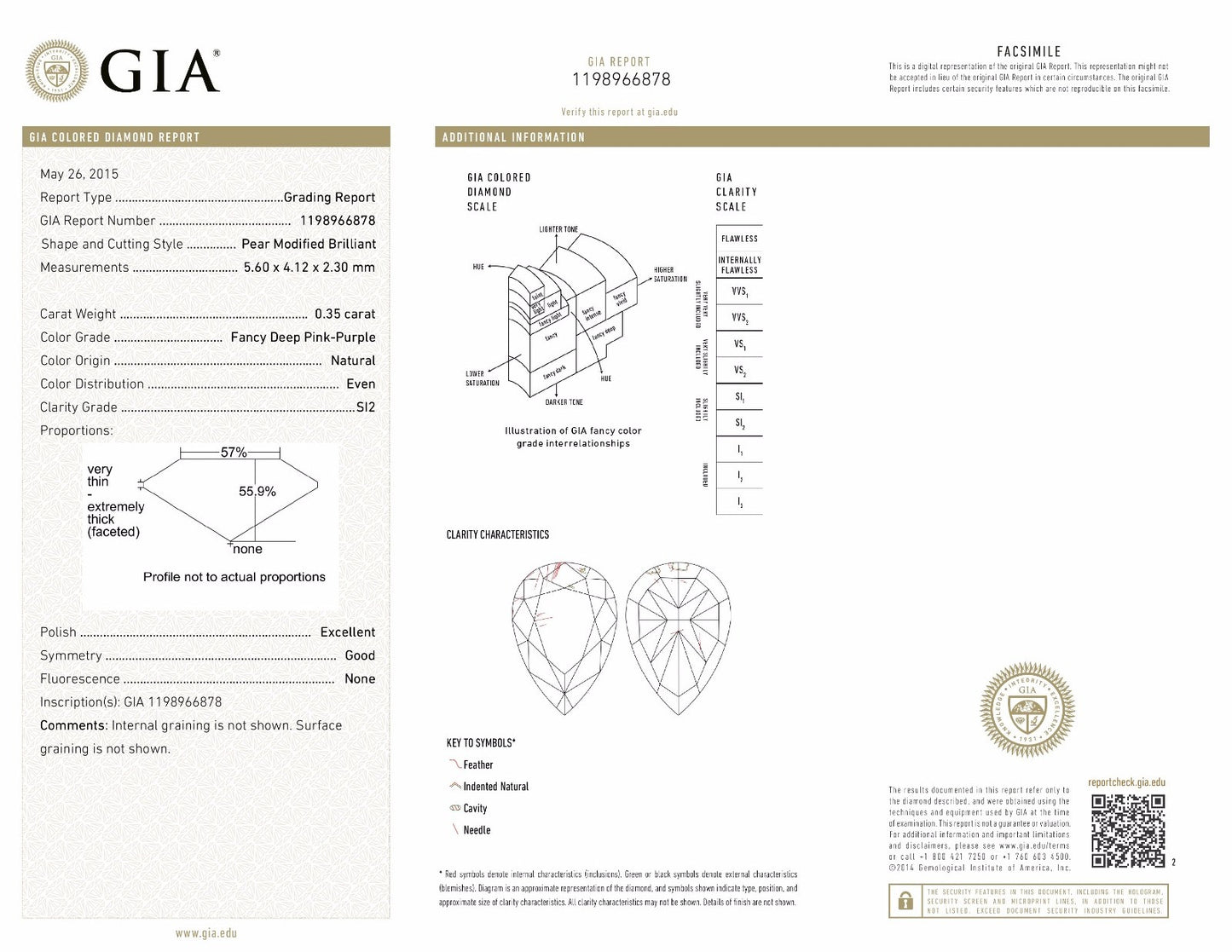 0.35ct Purplish Pink Diamond, Pear Shape, SI2 Clarity