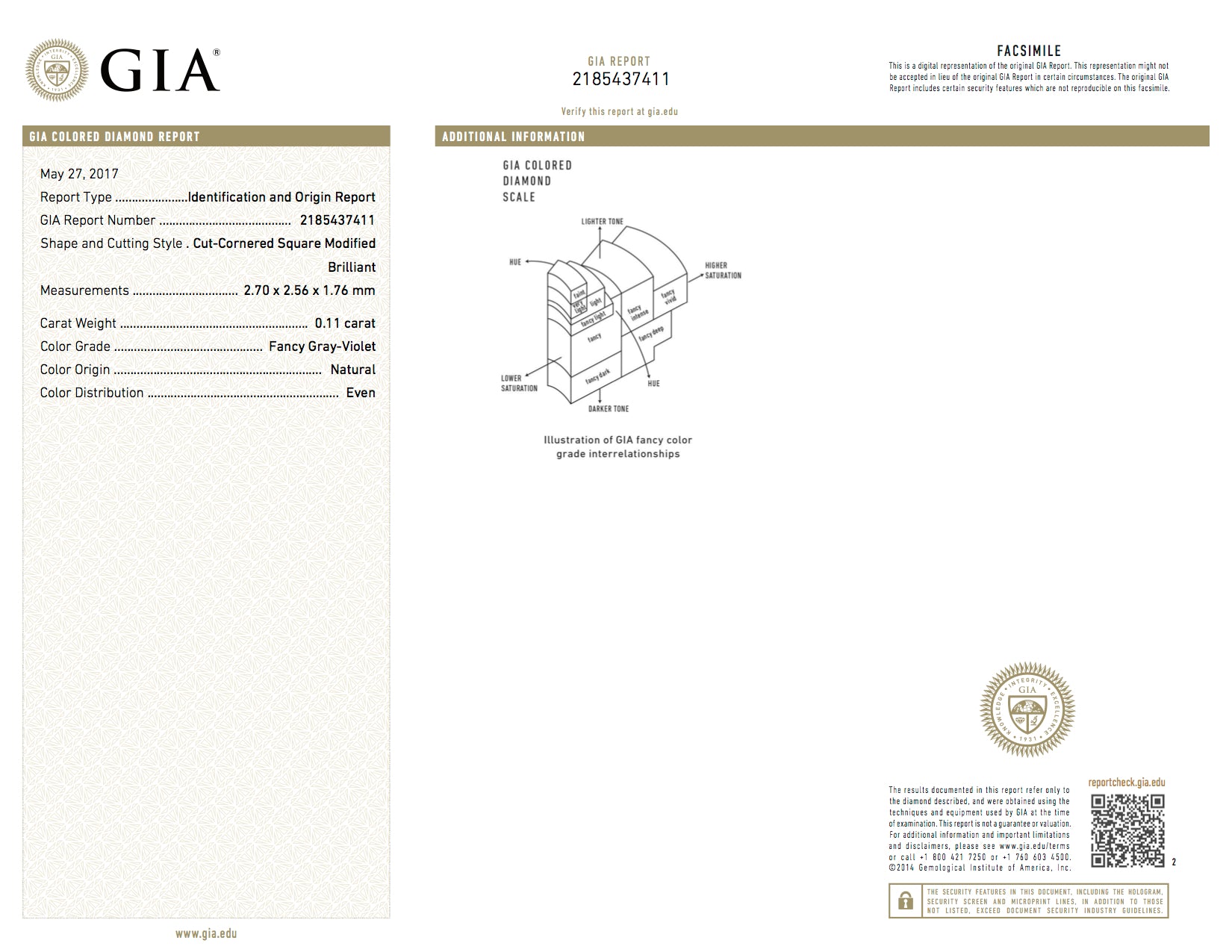 0.11ct Fancy Gray-Violet Diamond, Radiant Shape, C/O Report, GIA