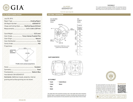 0.22ct Purplish Pink Diamond, Cushion Shape, VS2 Clarity