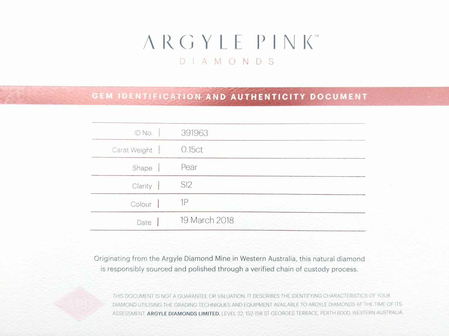 0.15ct Pink Diamond, Pear Shape, SI1 Clarity