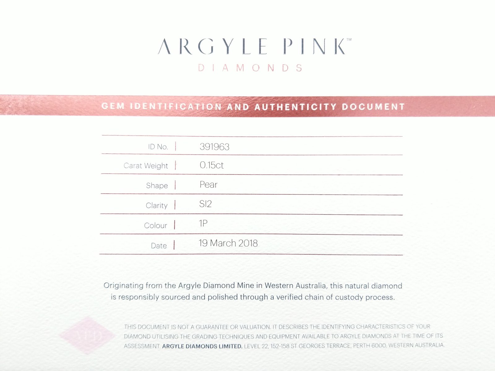 0.15ct Pink Diamond, Pear Shape, SI1 Clarity