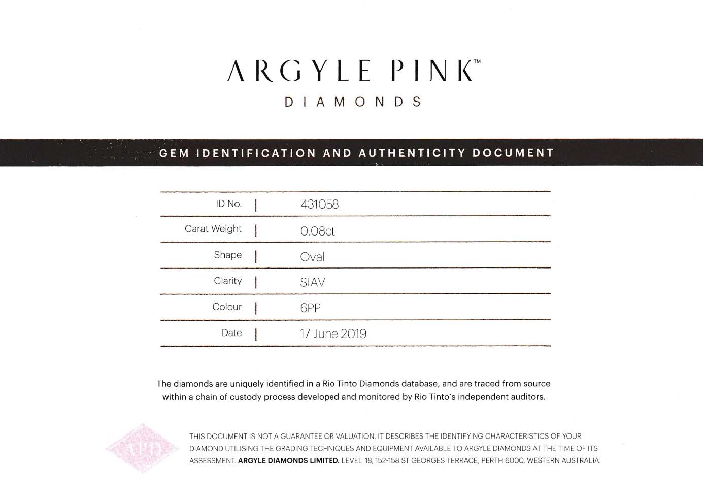 0.08ct Purplish Pink Diamond, Oval Shape, SIAV, Argyle