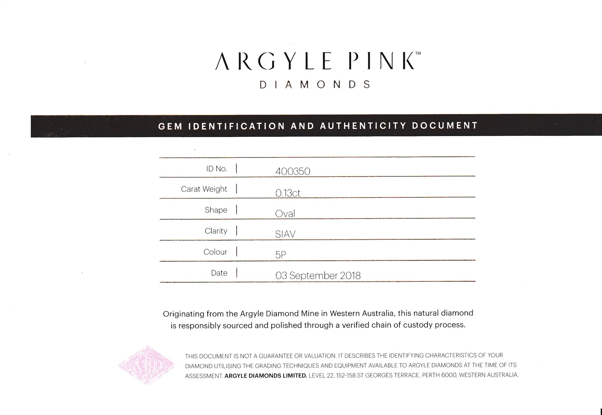 0.13ct Pink Diamond, Oval Shape, SIAV Clarity