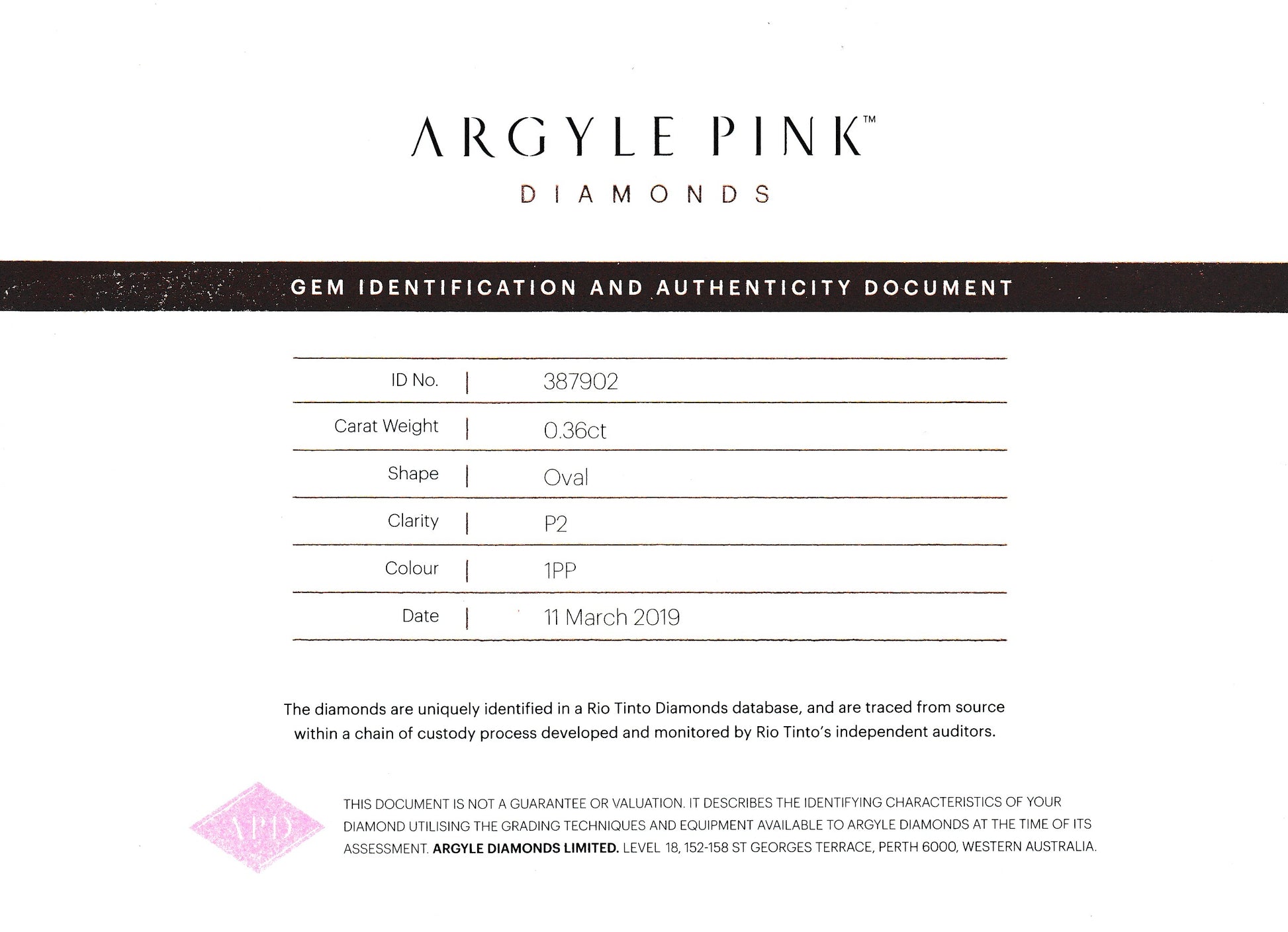 0.36ct Purplish Pink Diamond, Oval Shape, I2 Clarity