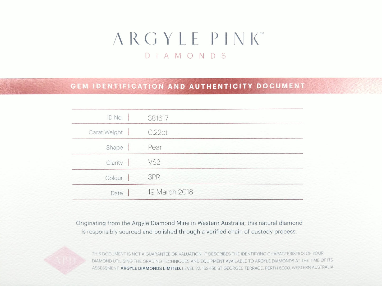 0.22ct Pink Diamond, Pear Shape, VS1 Clarity
