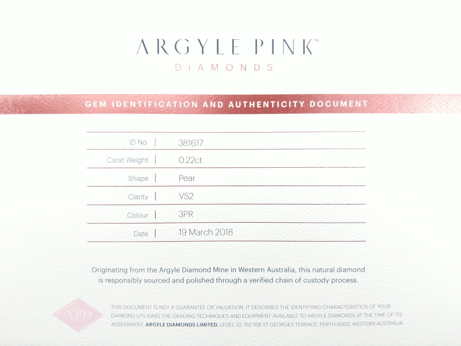 0.22ct Pink Diamond, Pear Shape, VS1 Clarity