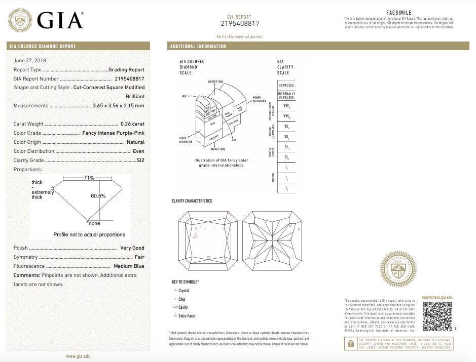 0.26ct Purplish Pink Diamond, Radiant Shape, SI2 Clarity