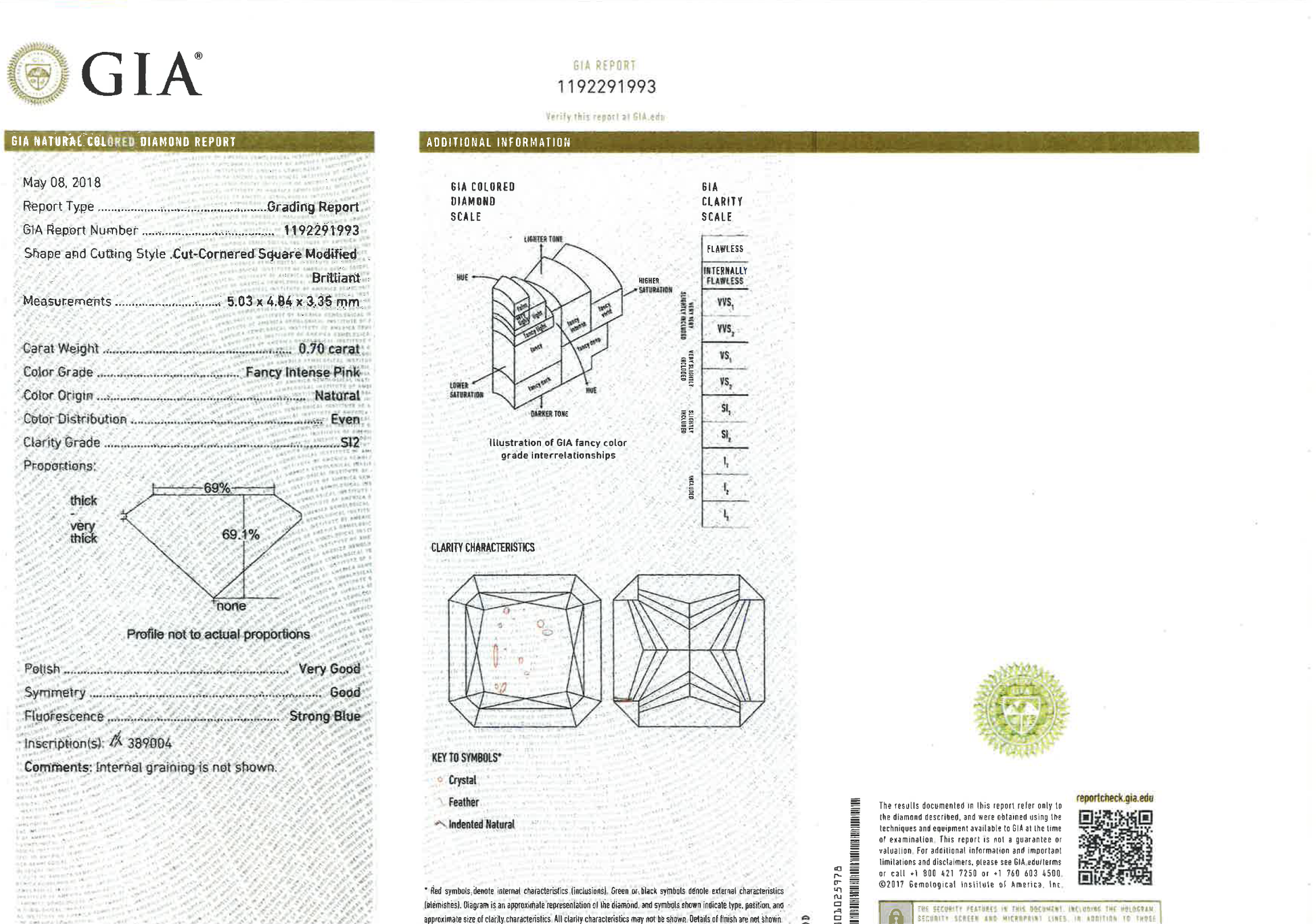0.7ct Pink Diamond, Radiant Shape, SI2 Clarity