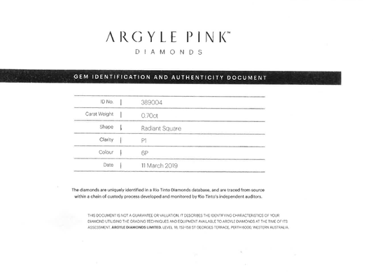 0.7ct Pink Diamond, Radiant Shape, SI2 Clarity