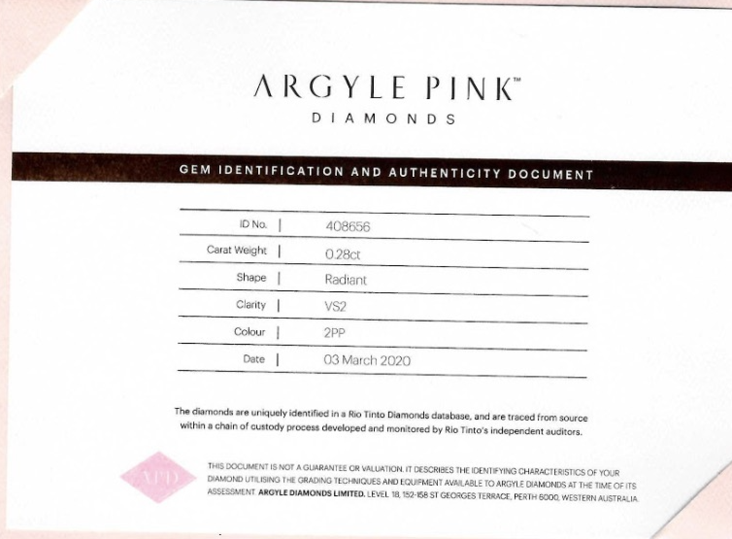 0.28ct Purplish Pink Diamond, Radiant Shape, VS1 Clarity