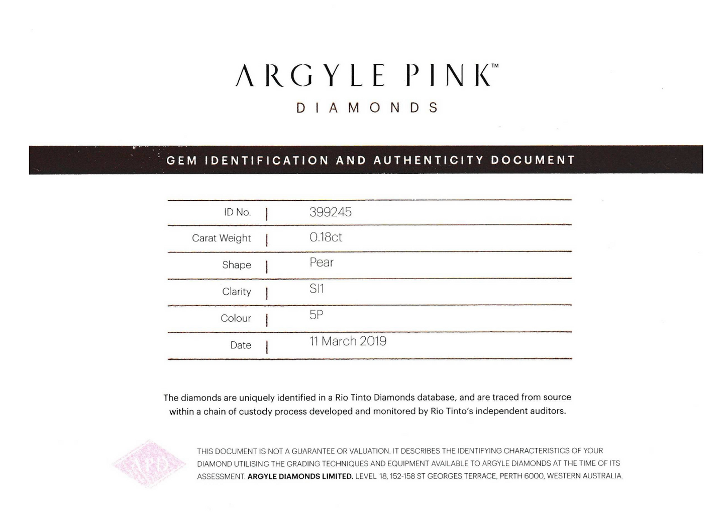 0.18ct Pink Diamond, Pear Shape, SI1 Clarity