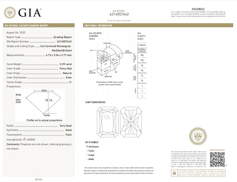 0.39ct Red Diamond, Radiant Shape, I1 Clarity