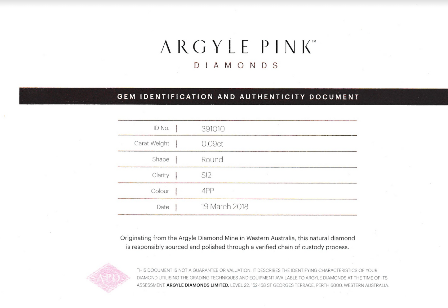 0.09ct Purplish Pink Diamond, Round Shape, SI2 Clarity