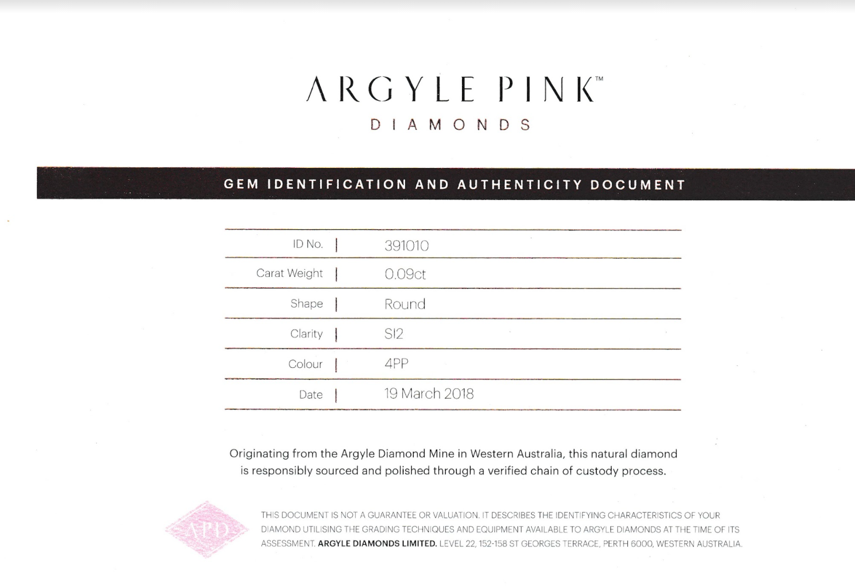 0.09ct Purplish Pink Diamond, Round Shape, SI2 Clarity