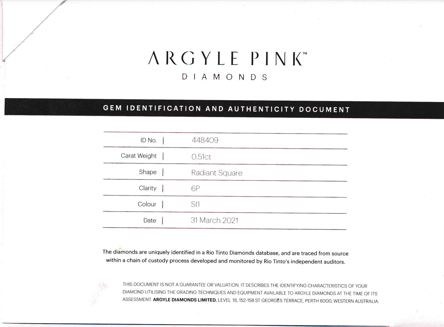 0.51ct Pink Diamond, Radiant Shape, SI1 Clarity