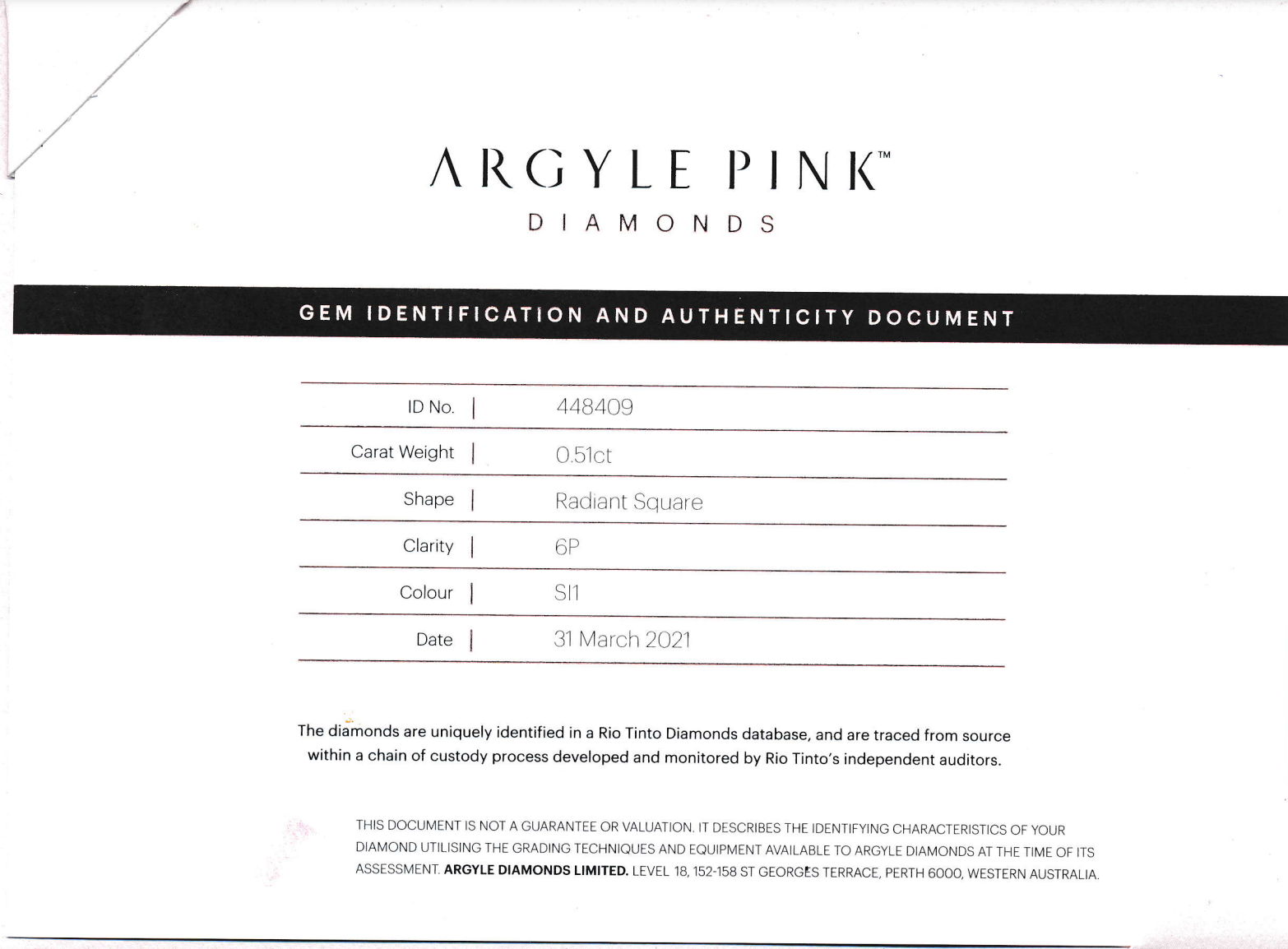 0.51ct Pink Diamond, Radiant Shape, SI1 Clarity