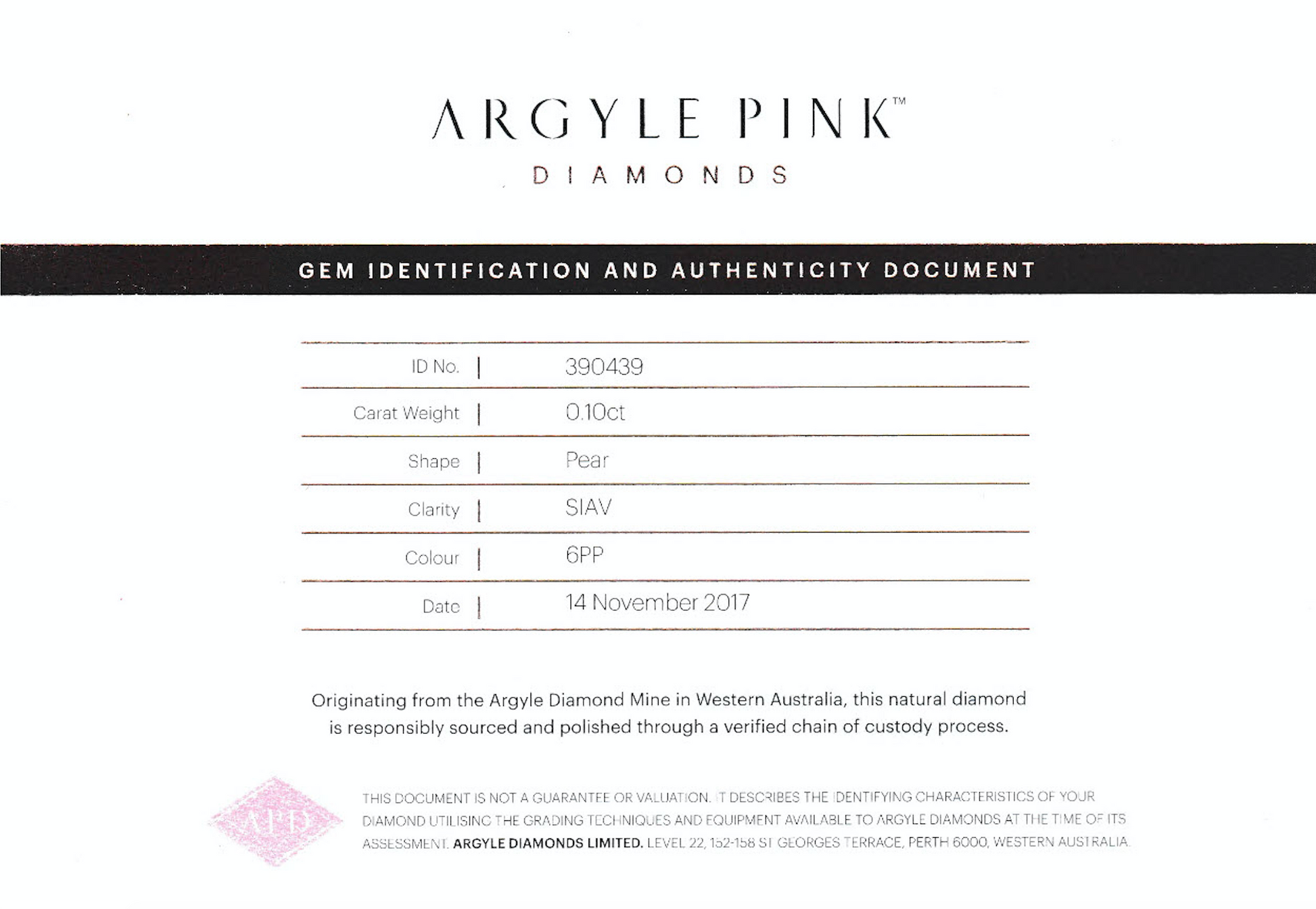 Pair of 0.20ctw Argyle 6PP Diamonds, Pear Shape, SIAV