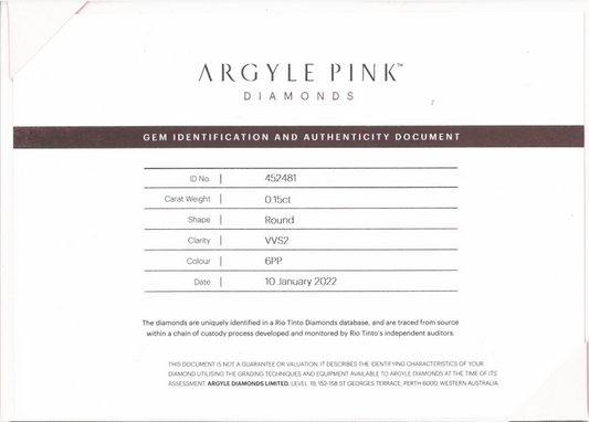 0.15ct Purplish Pink Diamond, Round Shape, VVS2 Clarity