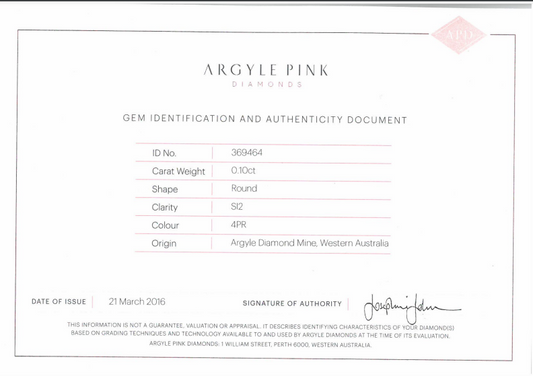 0.1ct Pink Rosé Diamond, Round Shape, SI2, Argyle